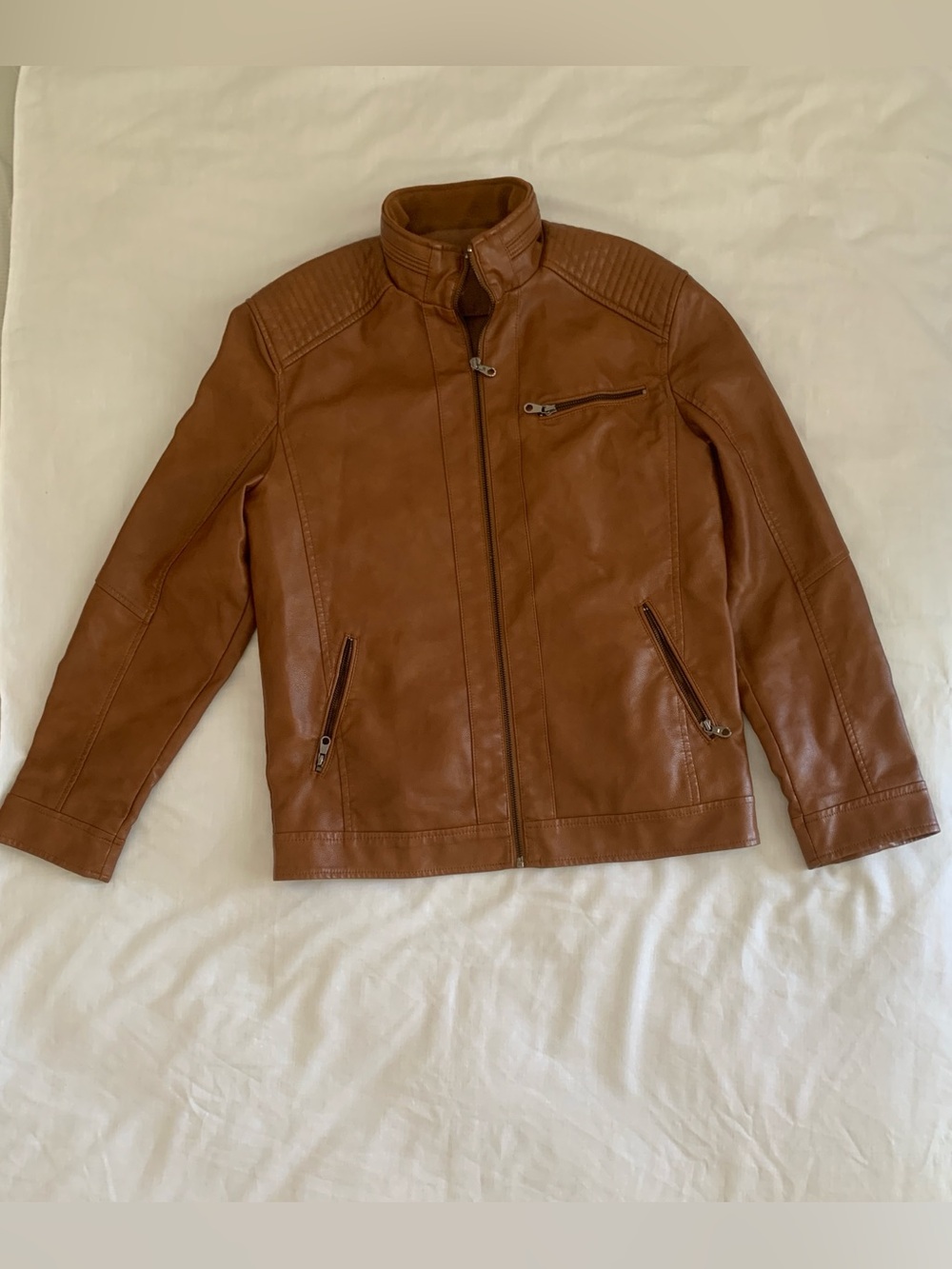 Zara Men's Cafe Racer Genuine Leather Jacket - Cognac - S (Fits M)